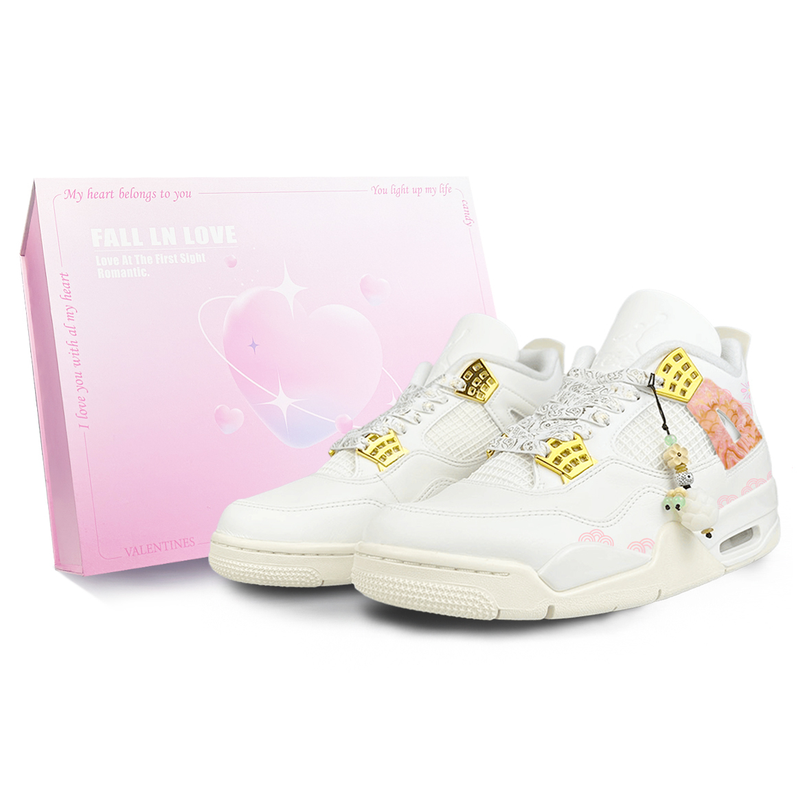 Женские баскетбольные кроссовки Air 4 Wear-Resistant Mid-Top Vintage бело-розовые золотые Jordan, коробка бело-розовая золотая