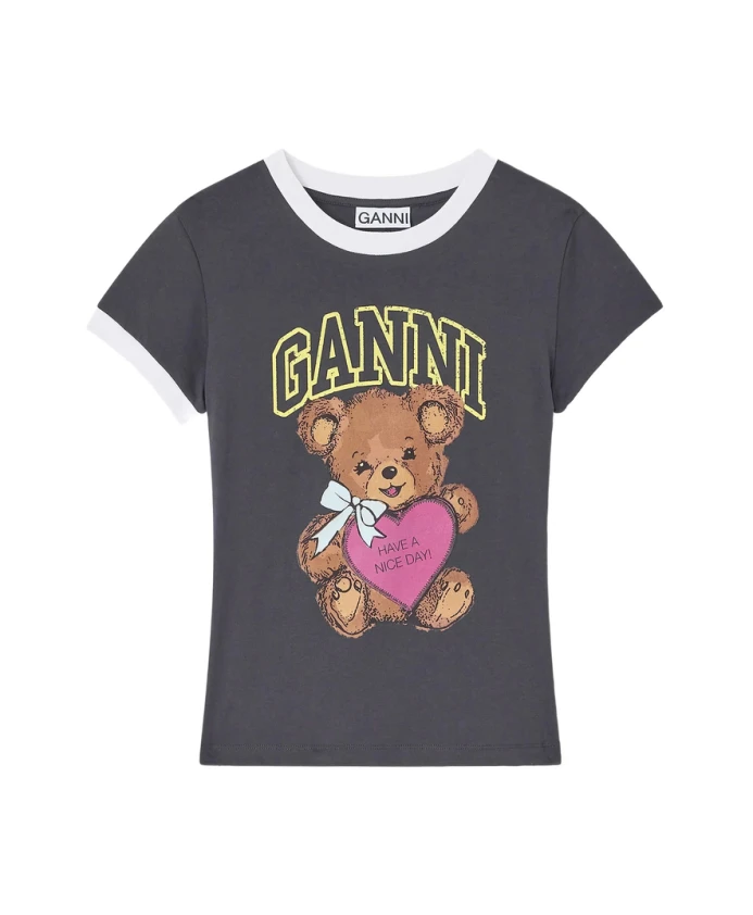 

Футболка с принтом в виде плюшевого мишки. Ganni, серый