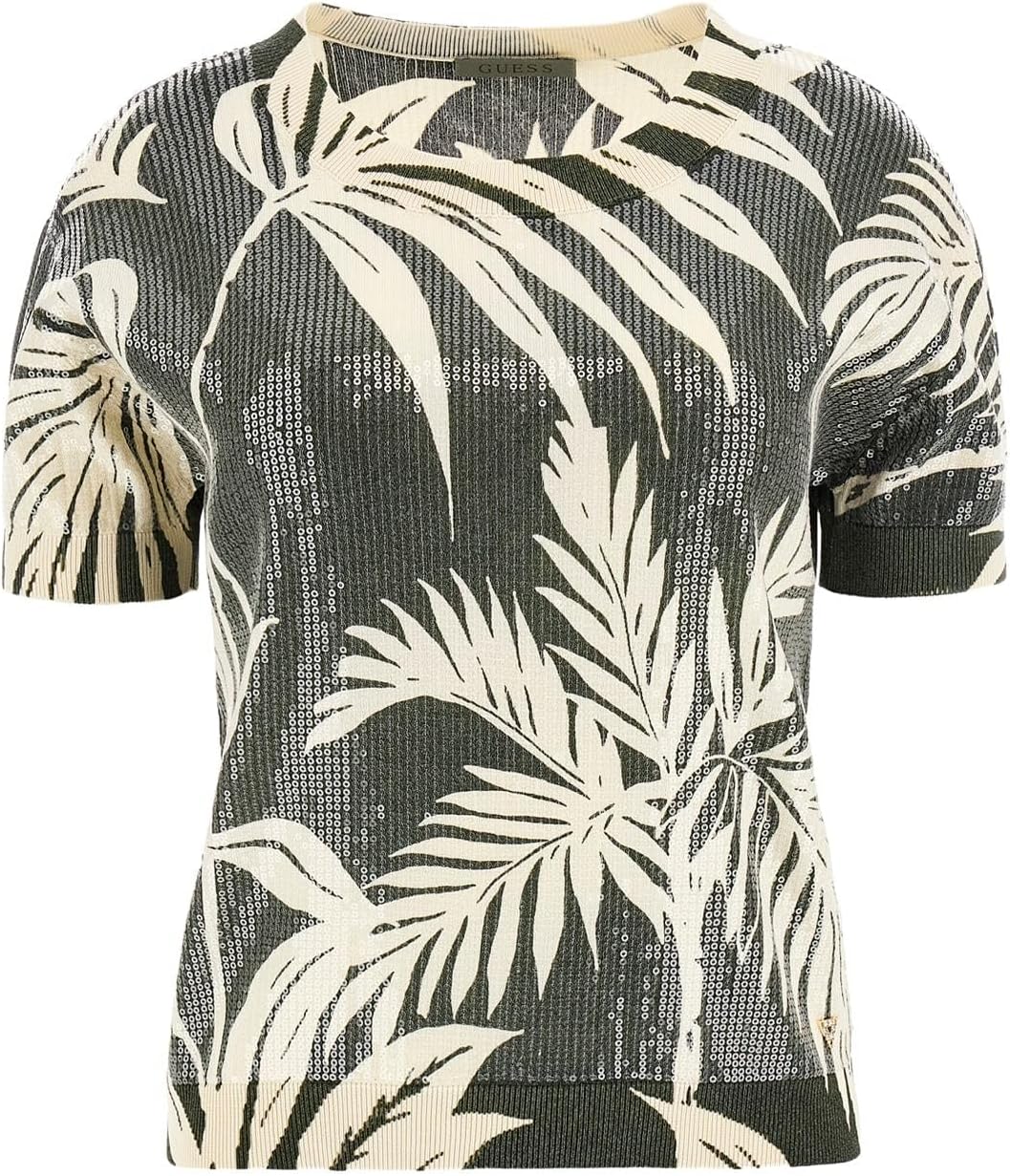 

GUESS Женский короткий рукав Juniper с пайетками свитер, Forest Tropical Print Green