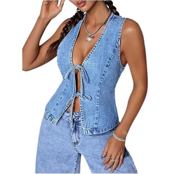 

Женский джинсовый жилет без рукавов с глубоким V-вырезом и бантом Yesfashion, Light Blue