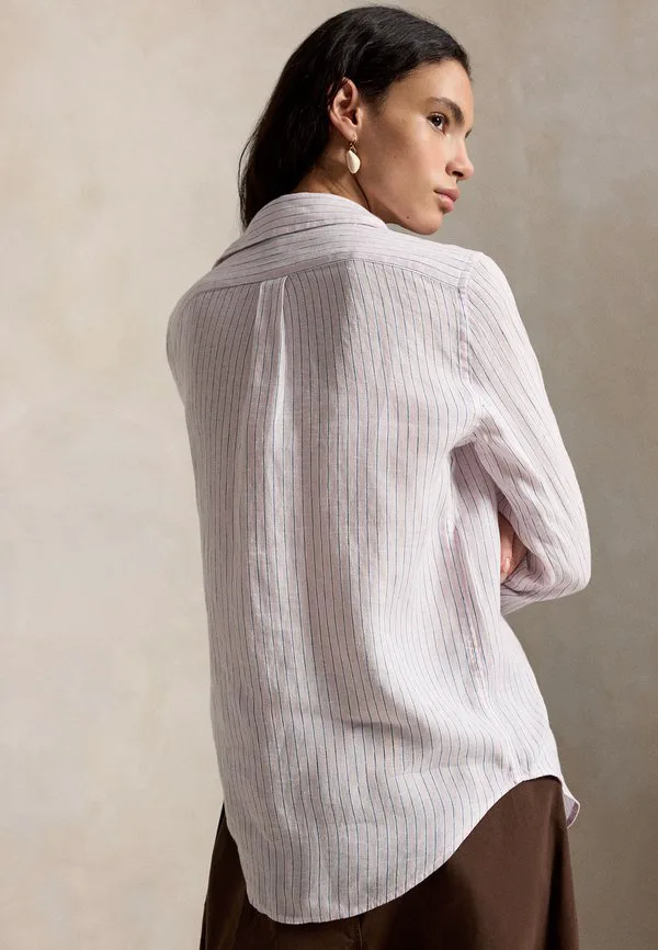 Классическая полосатая льняная рубашка-блузка на пуговицах Polo Ralph Lauren, Hint Of Pink/White — фото 3