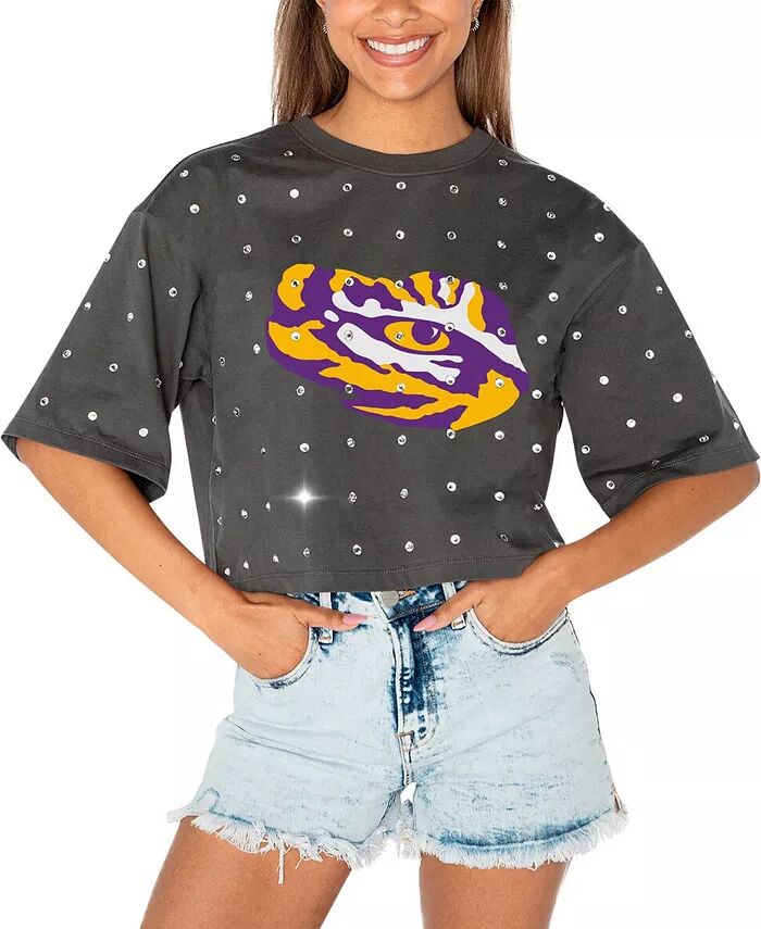 

Женская серая укороченная футболка LSU Tigers Go Time со стразами Gameday Couture