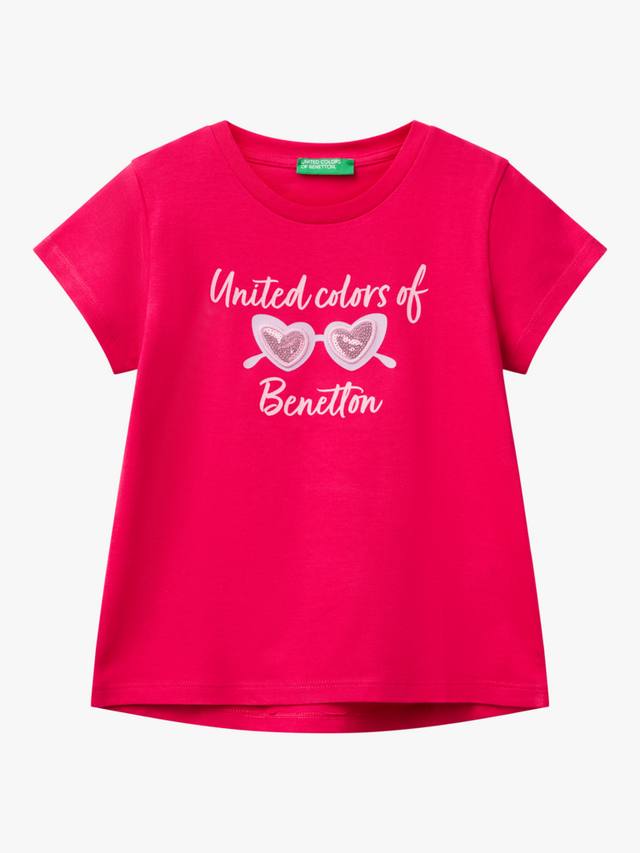 

Детская хлопковая футболка с короткими рукавами, украшенная пайетками Benetton, Fuchsia