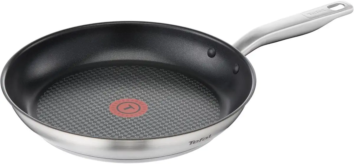 

Сковорода Tefal "Виртуозо", нержавеющая сталь, (1 шт), нержавеющая сталь, антипригарное покрытие, Thermo-Spot, все виды плит, индукция Ø 28 см, цвет edelstahlfarben/schwarz