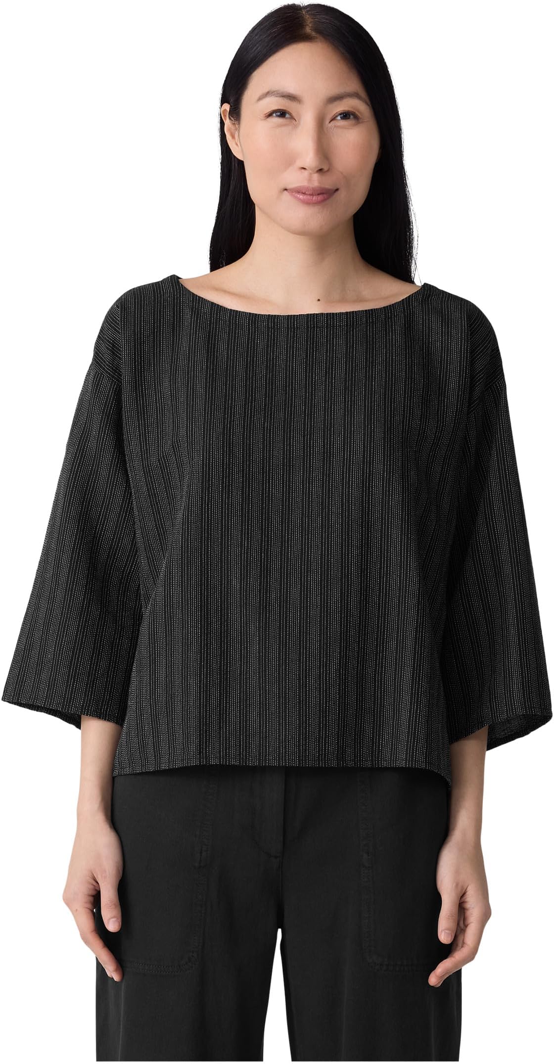 

Топ Eileen Fisher Cotton Blend Stripe Stitch Bateau Neck Box Top, черный