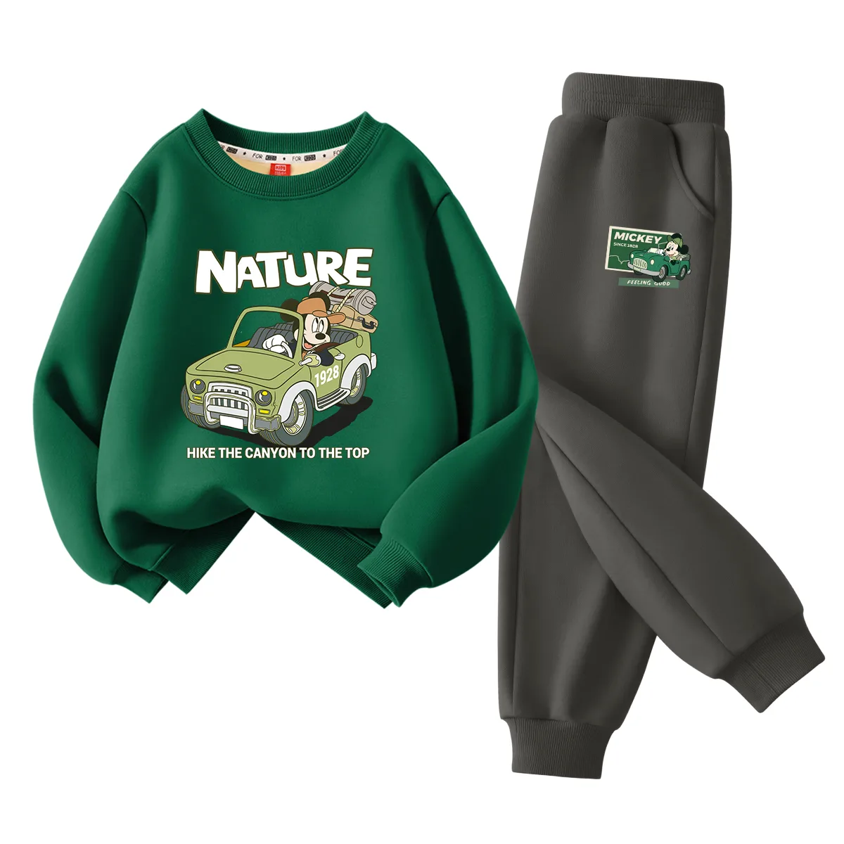 Детский спортивный костюм с круглым вырезом Disney, [Thickened and Fleece-Lined]Di Yuanxing Vintage Green+Di Trail Running Mickey Mouse K Graphite Gray