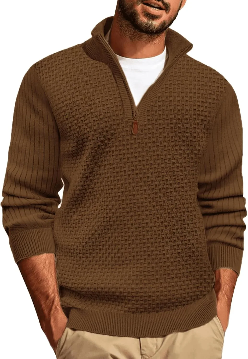 

Мужской свитер с четвертью молнии, Casual, Slim Fit, текстурированный RODYETQQ