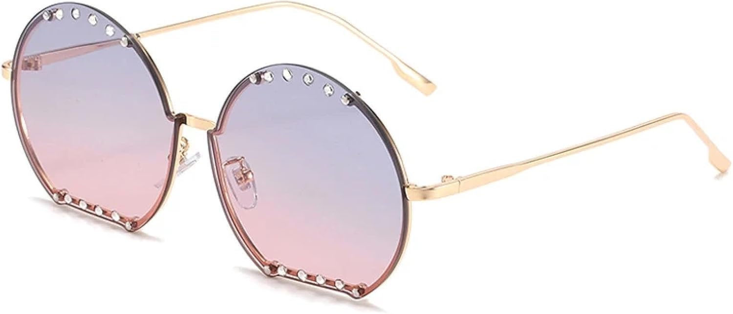 

Большие круглые солнцезащитные очки с имитацией бриллиантов для женщин и мужчин, модные металлические очки, летние дорожные очки с защитой от УФ-излучения UV400 TKKTLLT, Gold Blue Pink