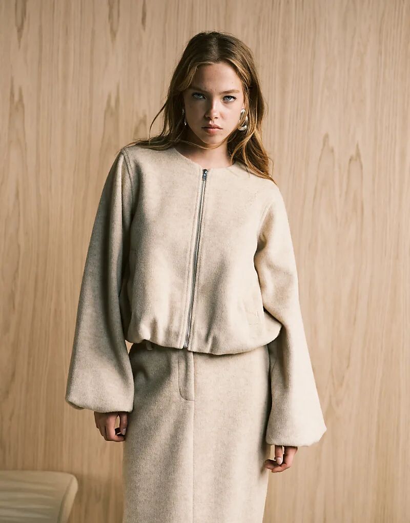 

4th & Reckless шерстяная куртка-бомбер без воротника с объемными рукавами бежевого цвета