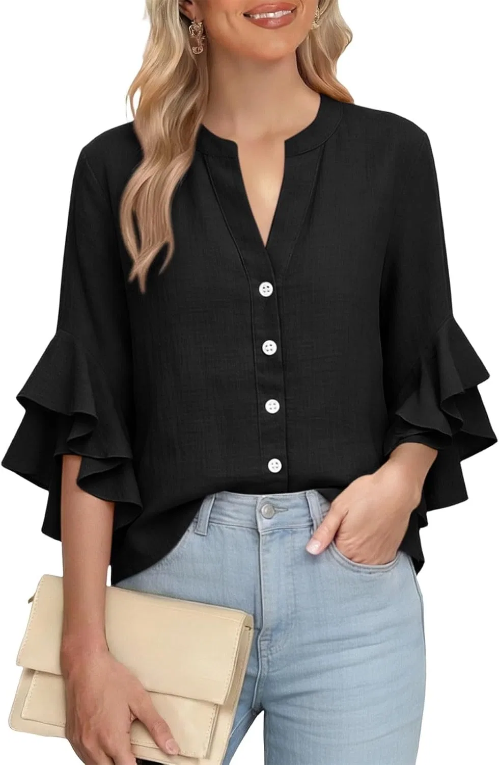 Блуза, V-образный вырез, Button-down, Oversize, черный — фото 2
