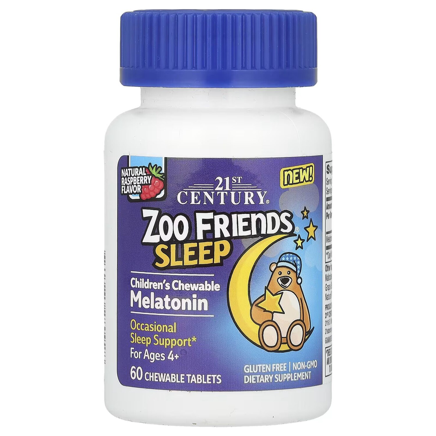 

Zoo Friends Sleep, Детский жевательный мелатонин, для детей от 4 лет, малина, 60 жевательных таблеток 21St Century