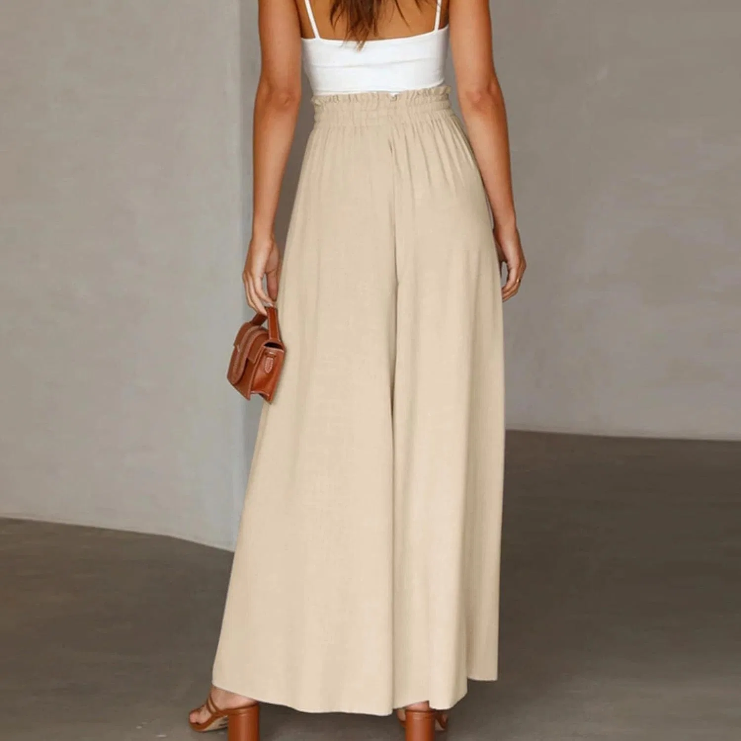 Женские брюки Flowy Pants с широкими штанинами и эластичным поясом, однотонные повседневные легкие брюки для отдыха Generic, бежевый — фото 3