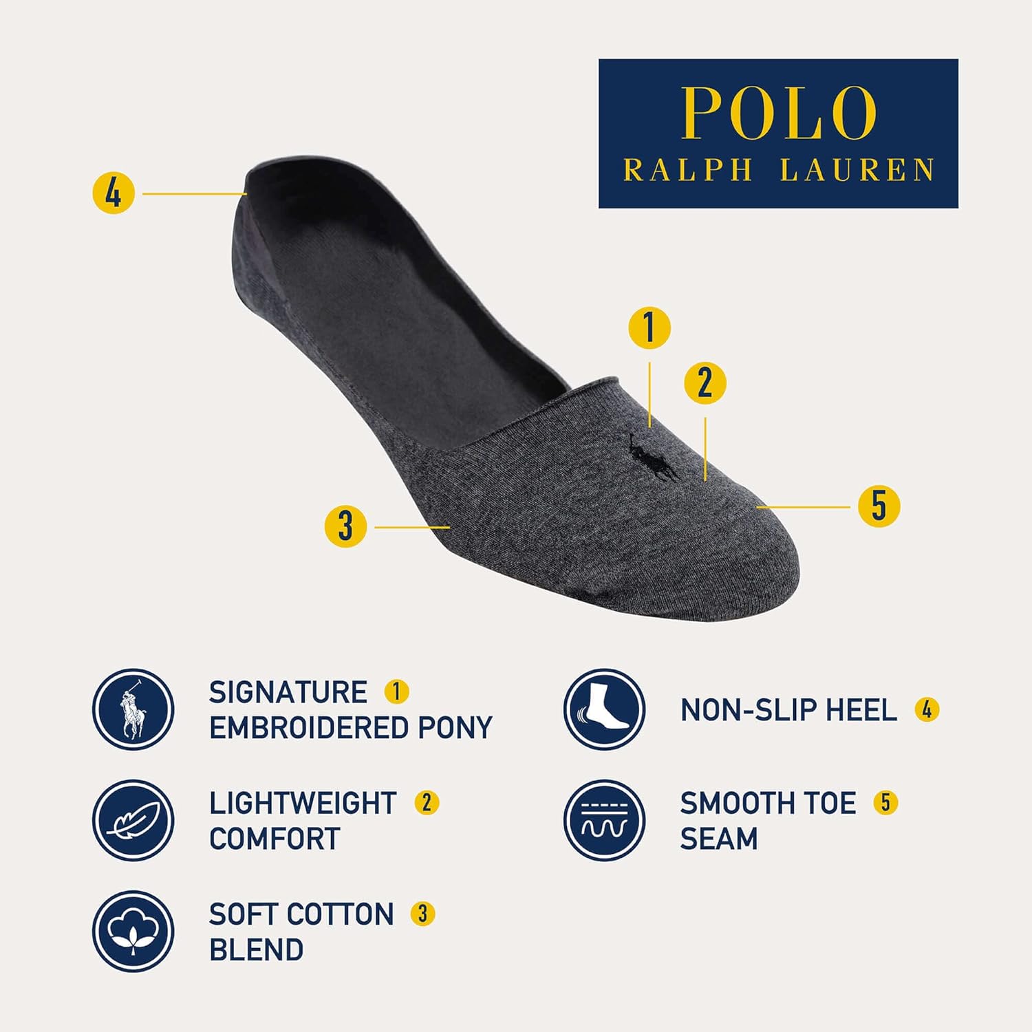 Polo Ralph Lauren мужские носки для классической обуви - набор из 3 пар - легкий хлопок для комфорта с противоскользящей пяткой, Charcoal — фото 2