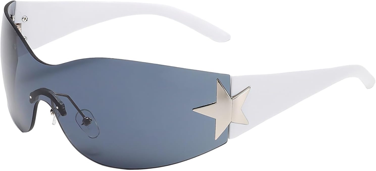 

Солнцезащитные очки Y2K для женщин и мужчин, модные солнцезащитные очки-щитки, солнцезащитные очки без оправы со звездами, очки большого размера Ehoomely, One Star-white Grey