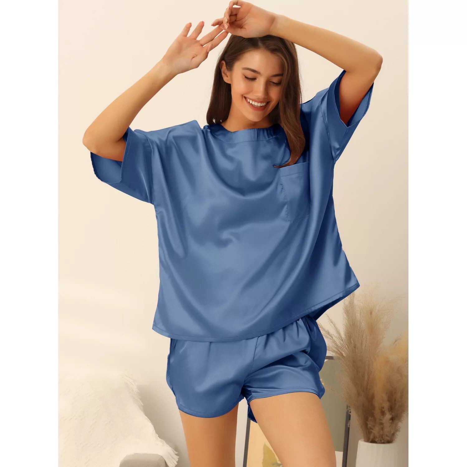 

Женский пижамный комплект cheibear, состоящий из 2 предметов, атласный комплект для отдыха, шорты и футболка с короткими рукавами и карманами cheibear, синий