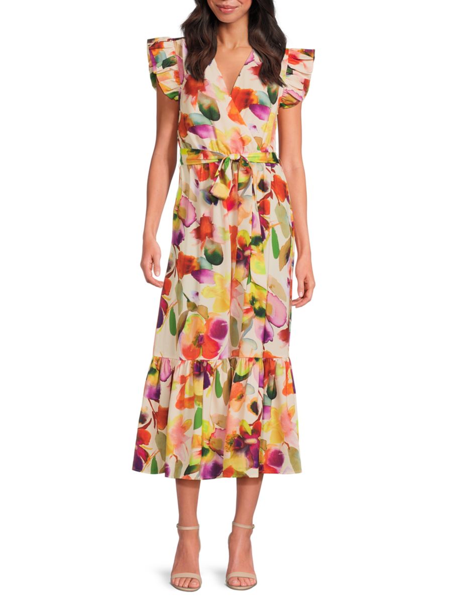 

Платье миди с рукавами-крылышками и акварельным принтом Fooral Sam Edelman, белый мульти