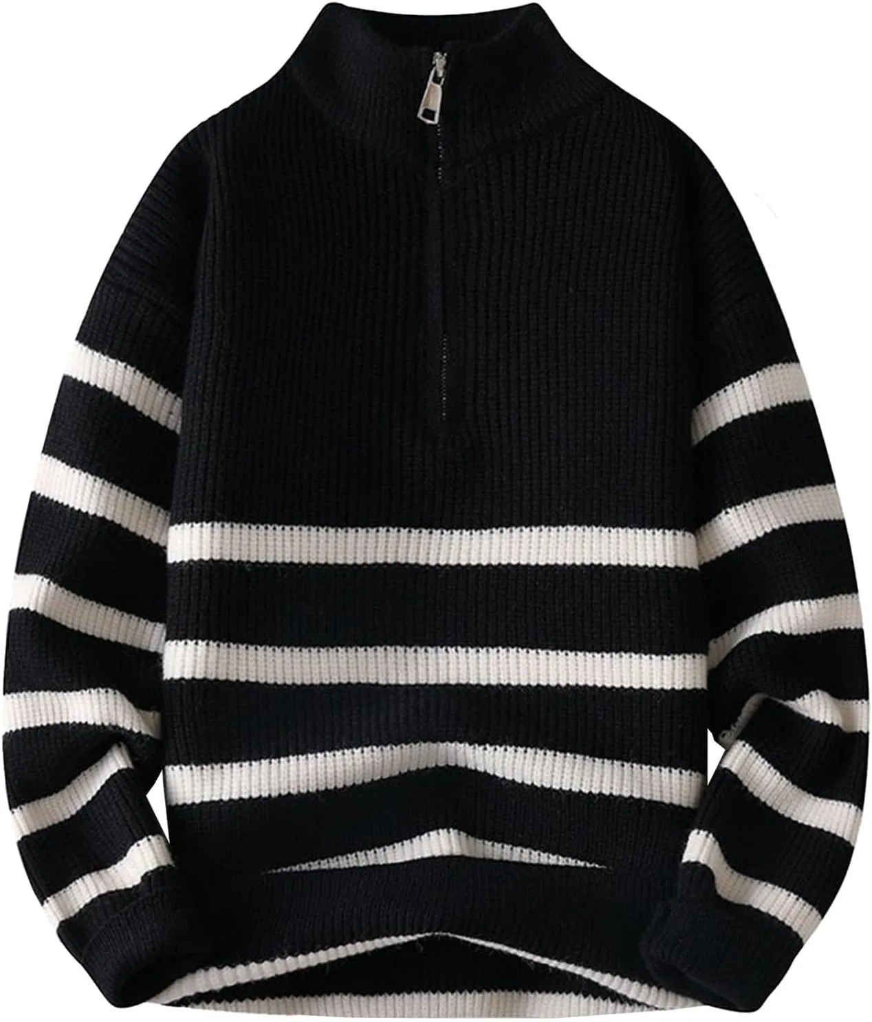 

Мужской полосатый свитер с четвертью молнией и воротником стойкой