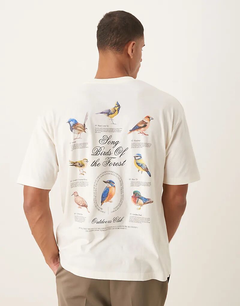 

Футболка свободного кроя ASOS DESIGN с изображением птиц кремового цвета