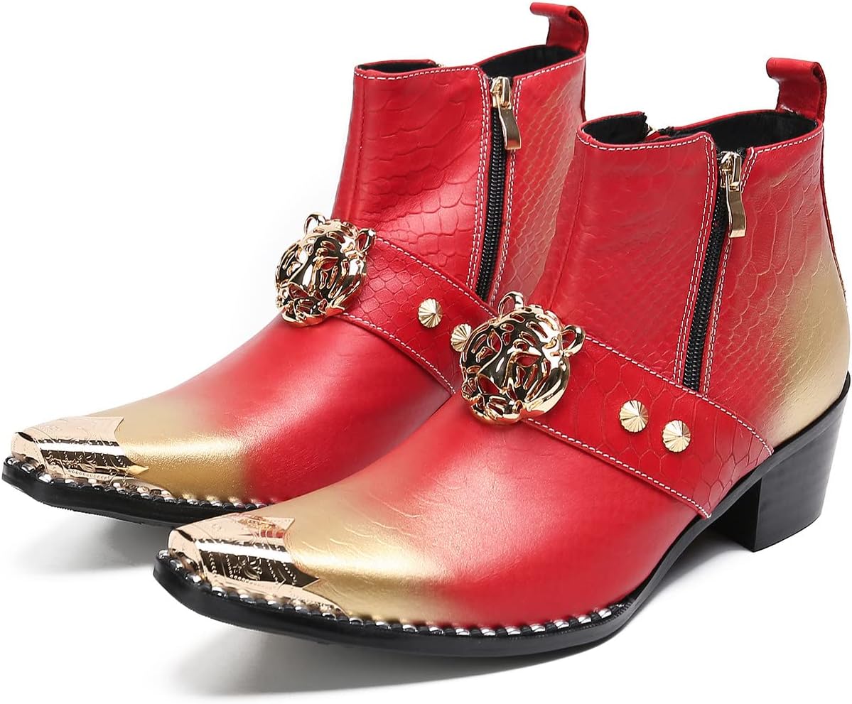 

Мужские ботинки Santimon из натуральной кожи в стиле панк, челси на щиколотке с львиным эмблемой и металлическим носком - готические ботинки с боковой молнией для рокеров, свадеб, выпускных и вечеринок, красный