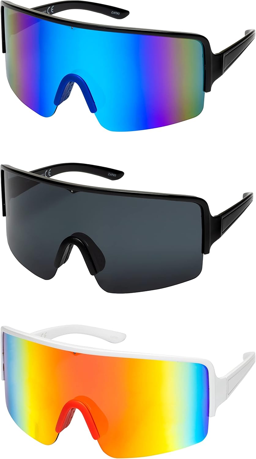 

Большие зеркальные солнцезащитные очки в стиле ретро, ​​светоотражающие, неполяризованные, винтажные солнцезащитные очки-козырьки 80-х и 90-х годов, для женщин и мужчин FLAWLESS EYEWEAR, 3 Pack: Blue/Black/Orange