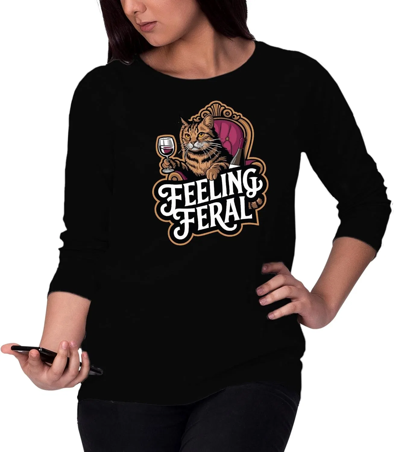 LIBBY'S BENCHMARK27 DESIGNS Толстовка Feeling Feral для любителей кошек и владельцев кошек, забавная одежда с винными нотками, черный — фото 2