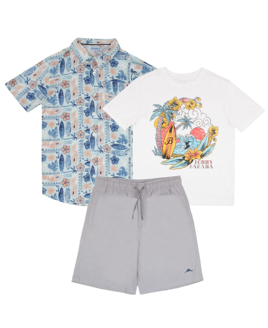 

Классический комплект одежды для мальчиков: рубашка, футболка и шорты из тканого полотна Tommy Bahama, White/blue/gray