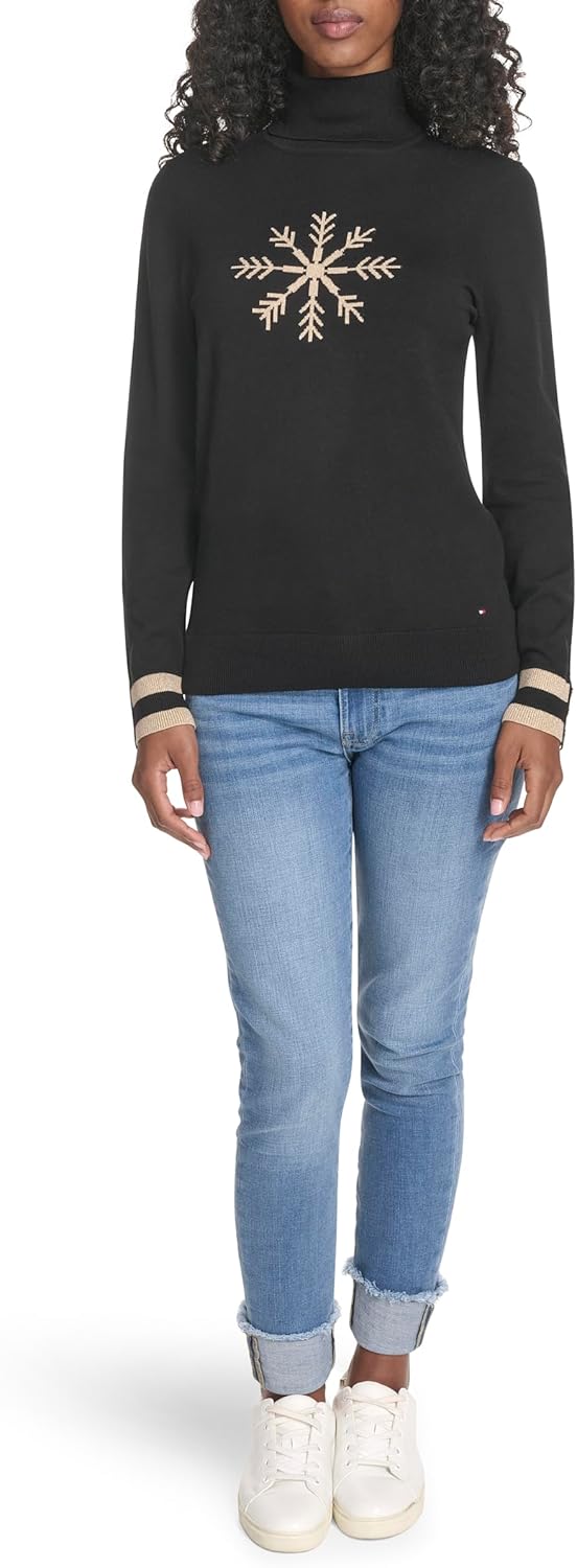 Женская хлопковая водолазка с длинным рукавом Tommy Hilfiger, легкая, Black Snowflake — фото 2