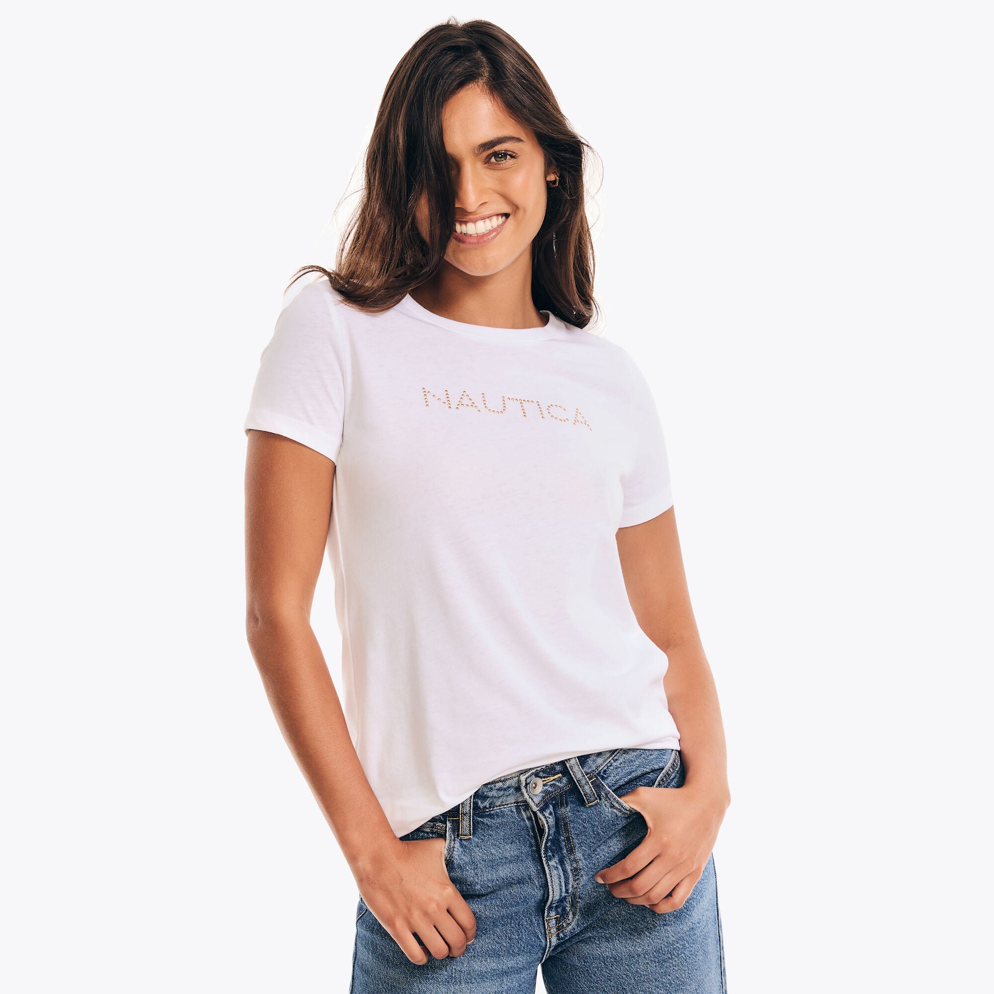 

Женская футболка Nautica с заклепками и логотипом, с круглым вырезом, цвет bright white