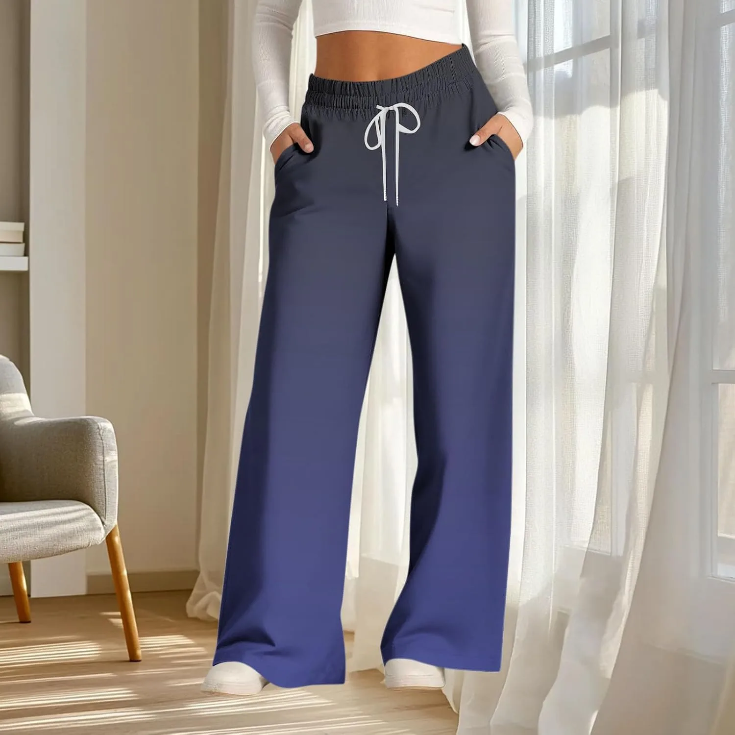 Женские брюки Wide Leg классического кроя с градиентом, свободные, для отпуска, с высокой талией, повседневные, с карманами Generic, темно-синий — фото 4