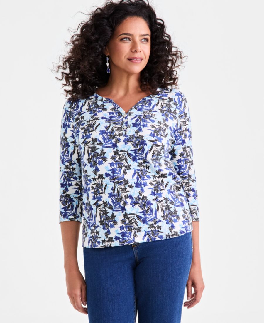 

Женская трикотажная футболка-поло с принтом и рукавами 3/4 Style & Co, Blue Leaves