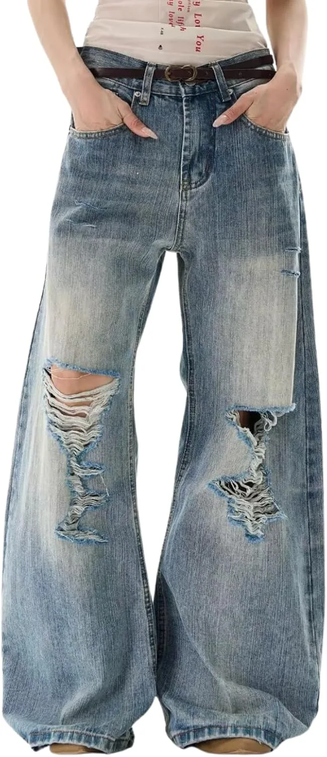 

Модные рваные багги джинсы women (Y2K streetwear) – широкие джинсовые штаны в стиле хип-хоп GoldGalleon