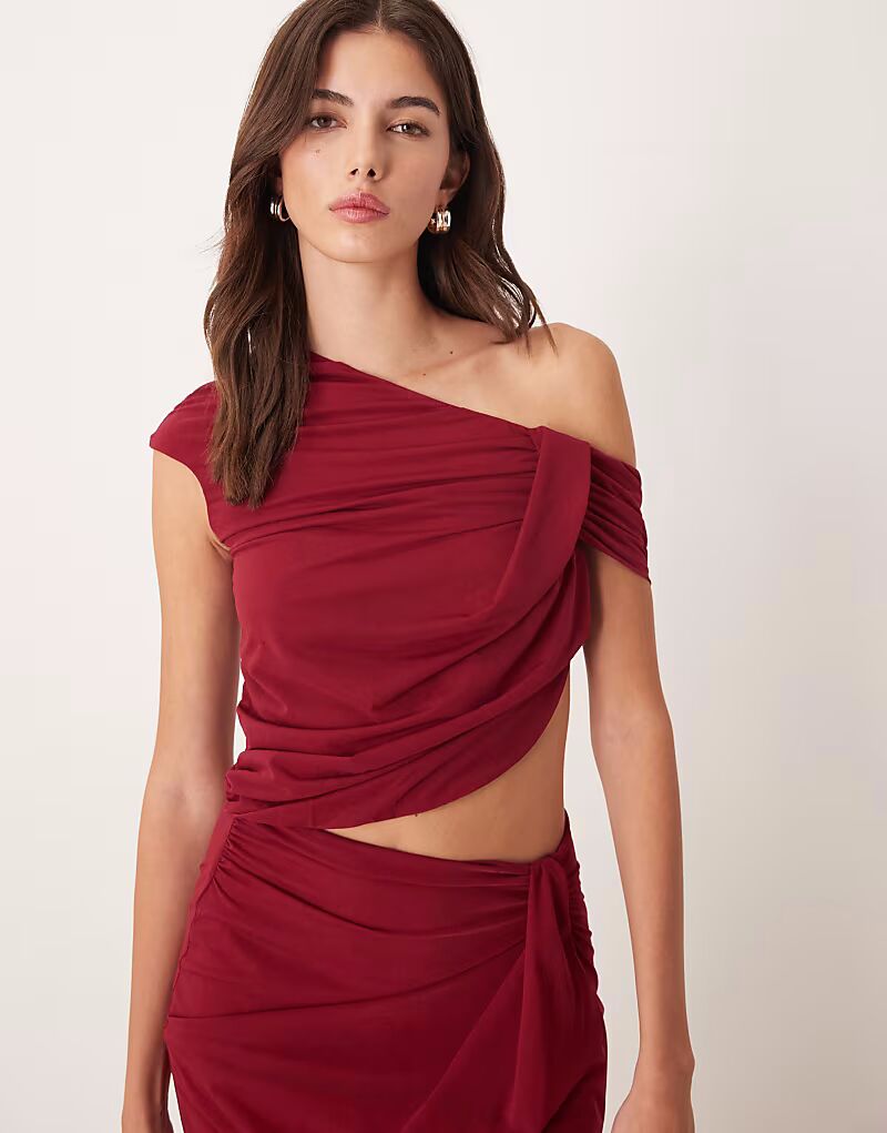 

Комбинируемый топ из полупрозрачной сетки с асимметричной драпировкой красного цвета Asos Design