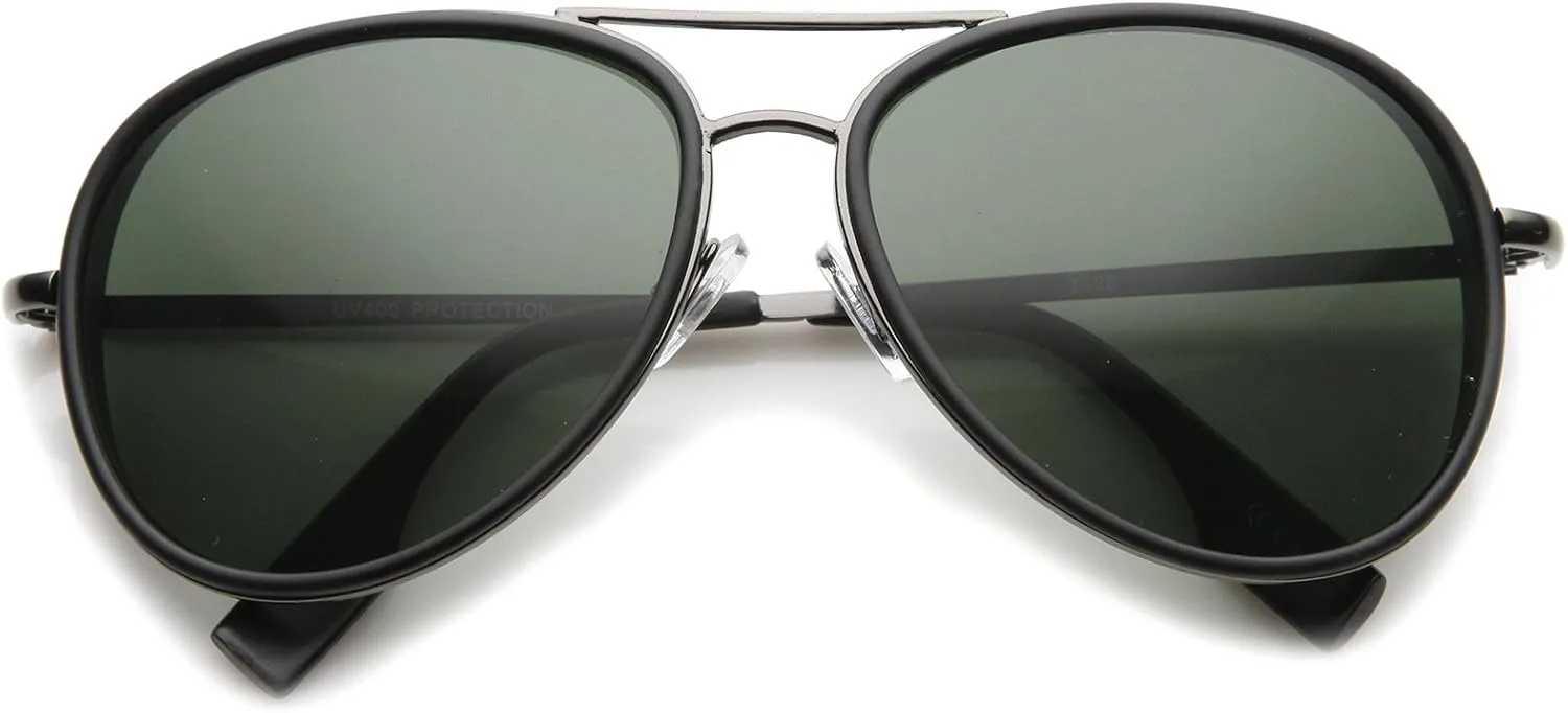 

Солнцезащитные очки-авиаторы zeroUV Retro с матовыми боковыми накладками, плоскими линзами и двухцветной металлической перекладиной, 60 мм, Black-gunmetal / Green