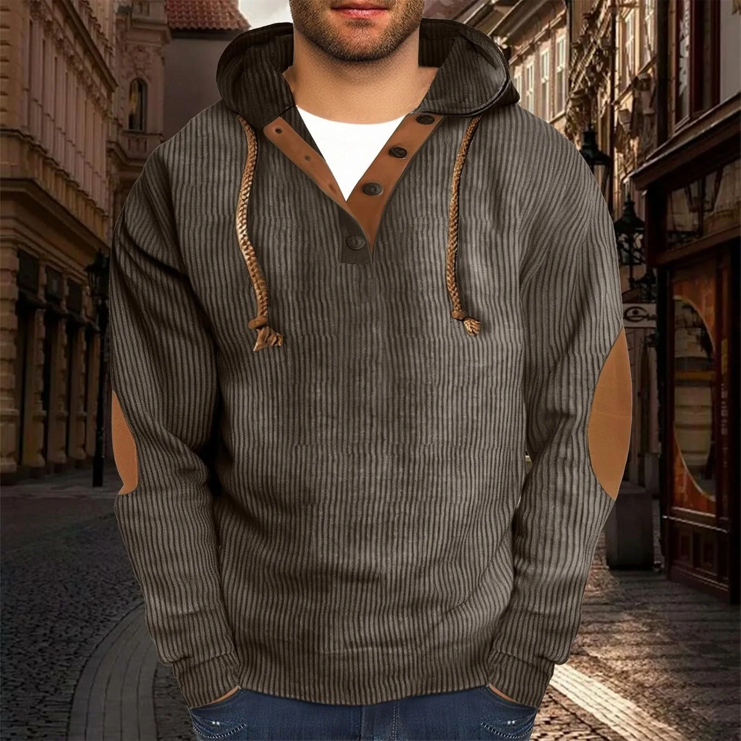 Мужская осенняя толстовка Casual с капюшоном, текстурированная, из мягкого вельвета — фото 2