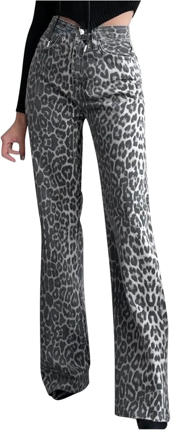 

Джинсы Leopard Print Y2k для женщин: мешковатые прямые с карманами JOAU