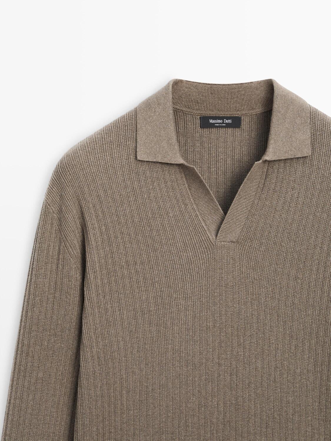 Вязаный свитер-поло из хлопковой смеси Massimo Dutti, khaki — фото 4