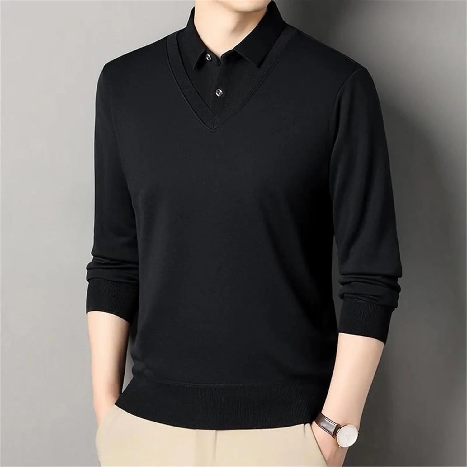 Мужской фейковый двухсоставной пуловер Slim Fit — деловой кэжуал — фото 3