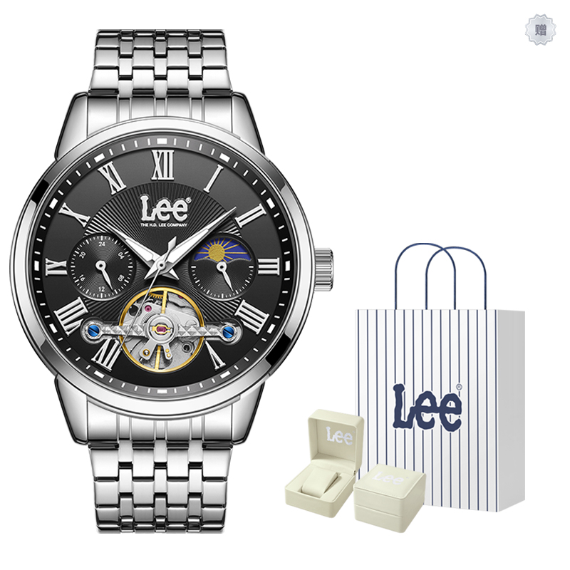 

Lee Мужские часы с автоподзаводом, механический механизм, стальной браслет, черный циферблат, Node Holiday Box