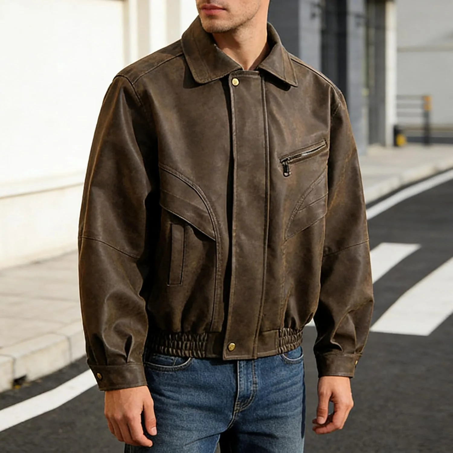 Кожаная куртка мужская Faux Leather мотоциклетная бомбер на молнии Casual Generic, коричневый — фото 3