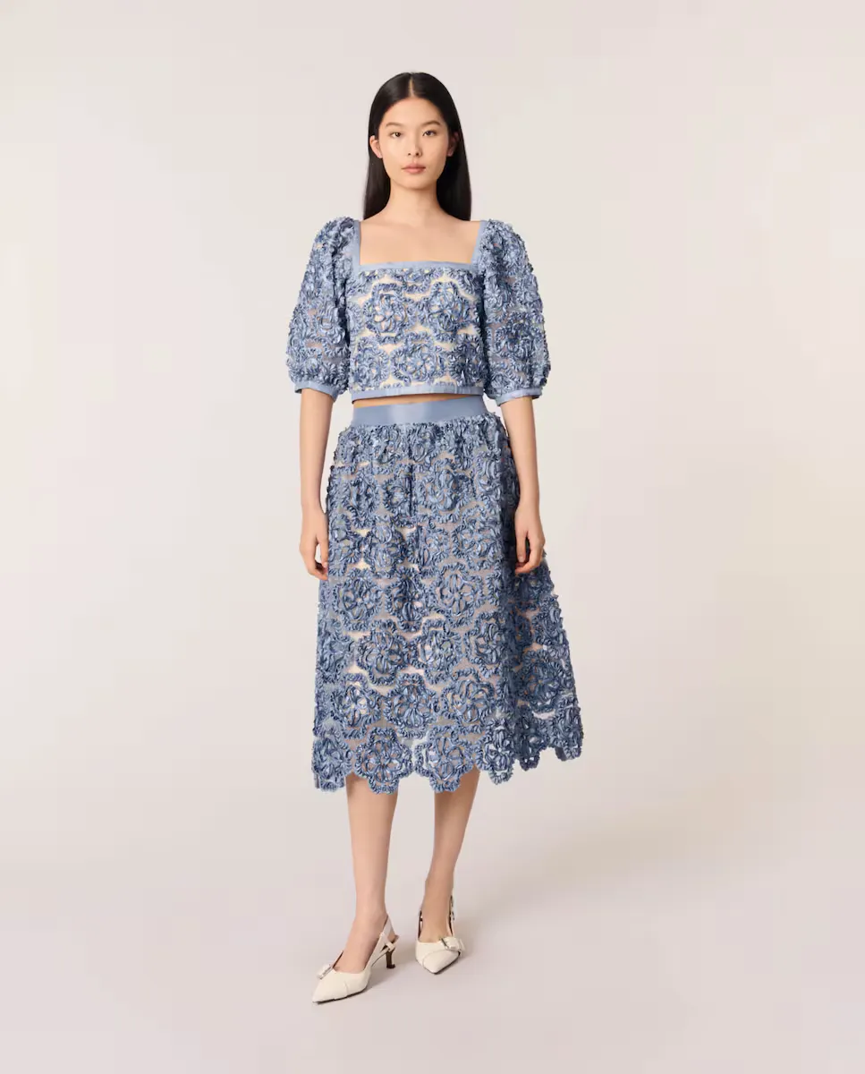 

Юбка миди из органзы с цветочным мотивом Maje, синий