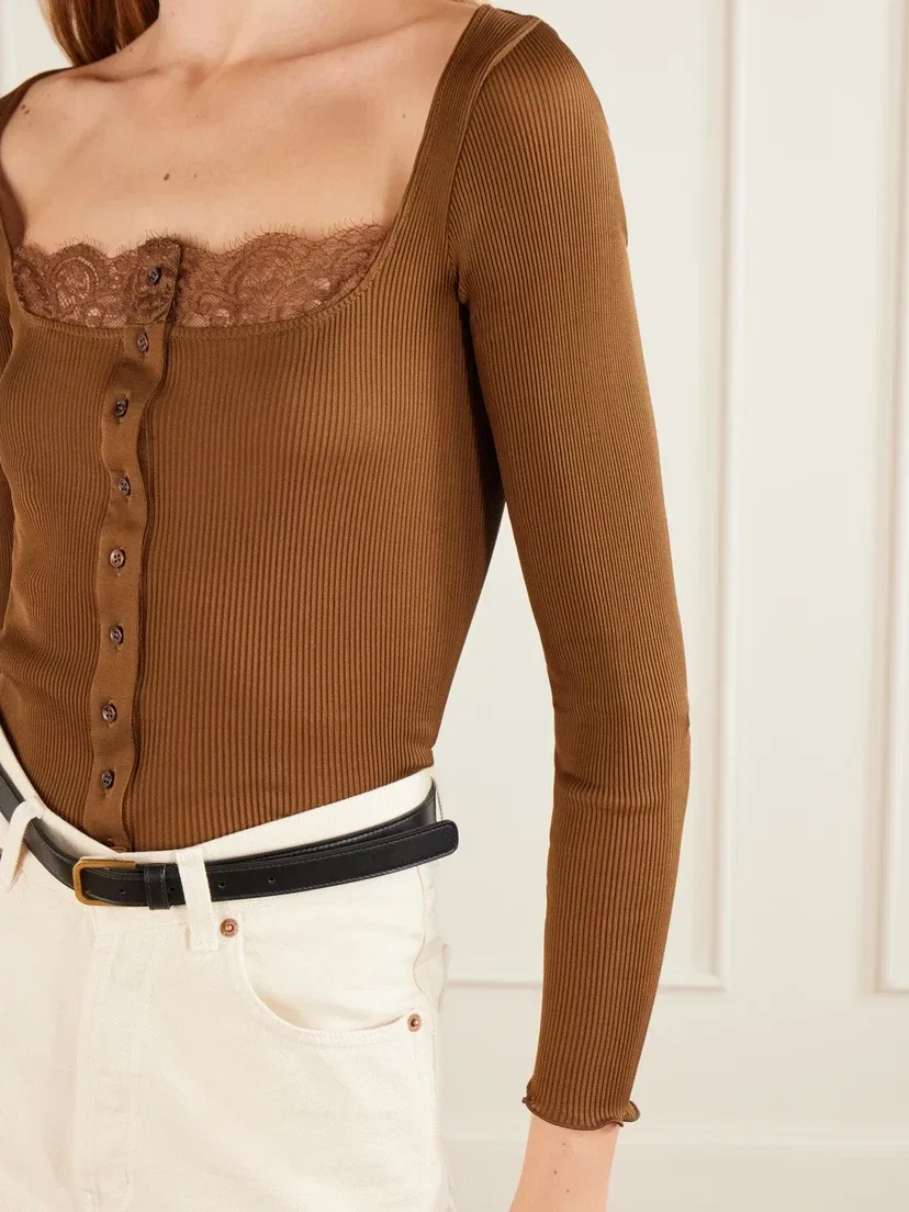 Кардиган из ребристого шелкового джерси, отделанный кружевом SAINT LAURENT, коричневый — фото 4