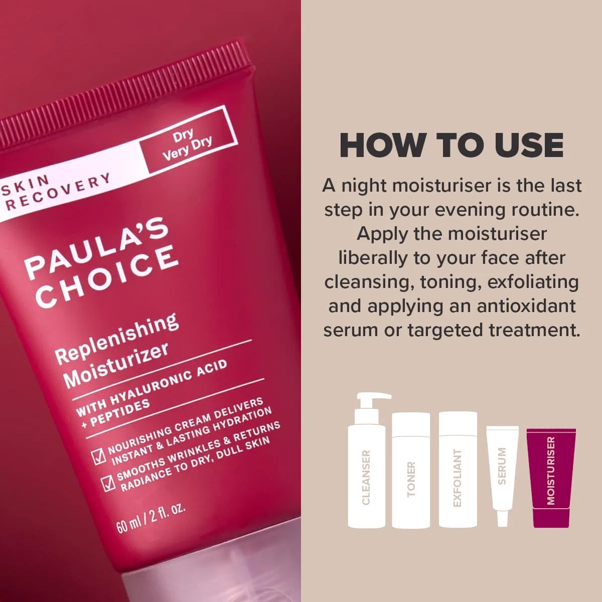 Тоник Paula's Choice — Насыщенный ночной Skin Recovery Moisturising Cream с пептидами и гиалуроновой кислотой, 60 мл — фото 4