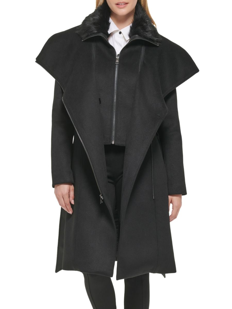 

Асимметричное пальто из смесовой шерсти с отделкой из искусственной овчины Karl Lagerfeld Paris, черный