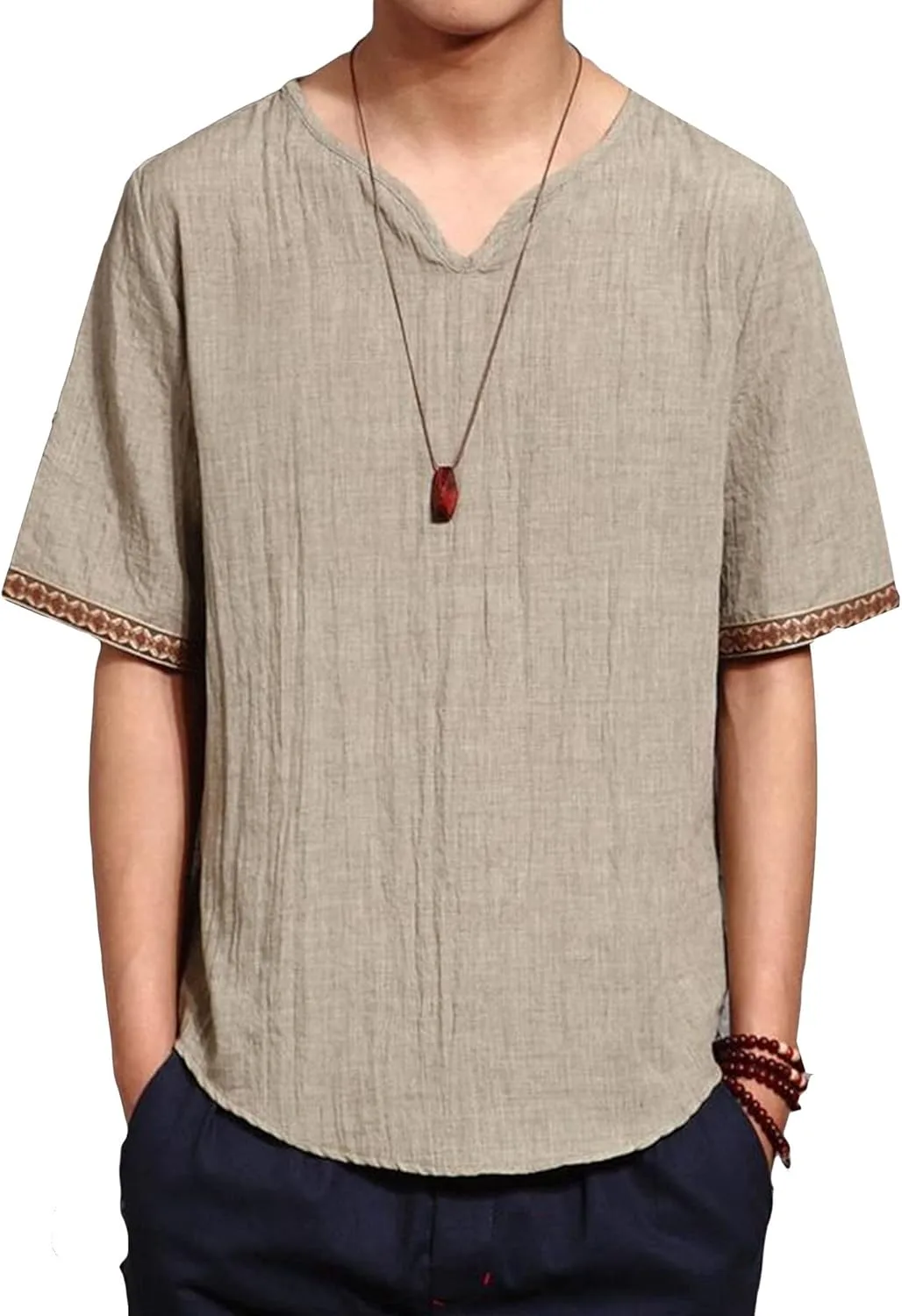 

Мужская футболка из хлопка и льна сплошного цвета с V-вырезом и короткими рукавами Maiyifu-GJ