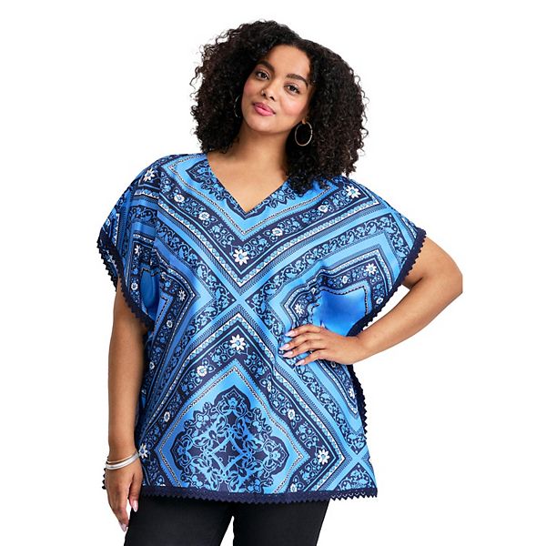 

Женский пончо с кружевной отделкой plus size Avenue, Blue Scarf Print
