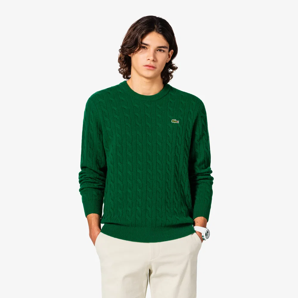 Мужской пуловер с круглым вырезом и косами зелёный от Lacoste