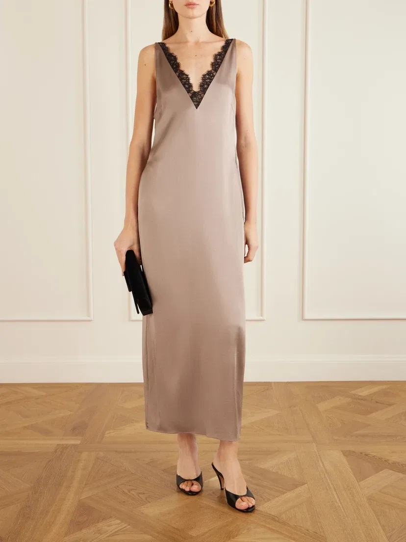 Атласное платье миди с кружевной отделкой STELLA MCCARTNEY, коричневый — фото 2