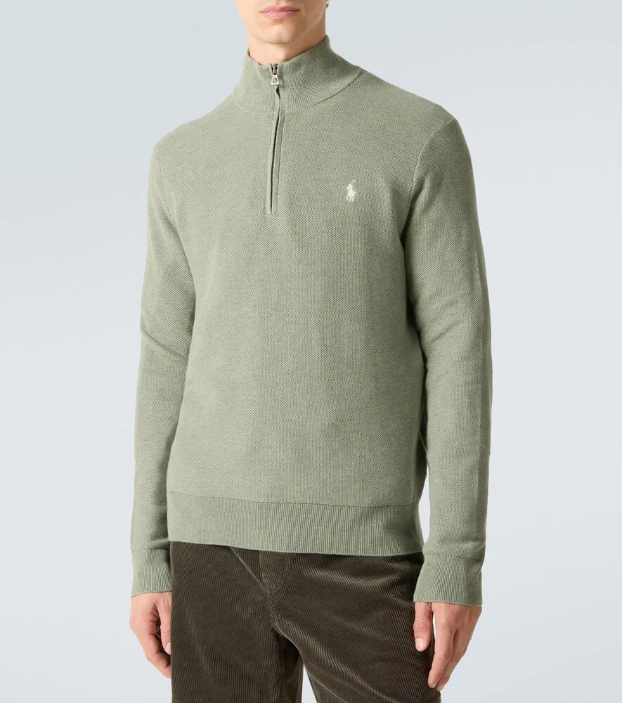 Хлопковый свитер с застежкой-молнией до середины груди Polo Ralph Lauren, зеленый — фото 3