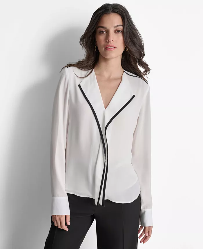 

Женская блуза с длинным рукавом и отделкой лацканов, Regular & Petite DKNY, белый