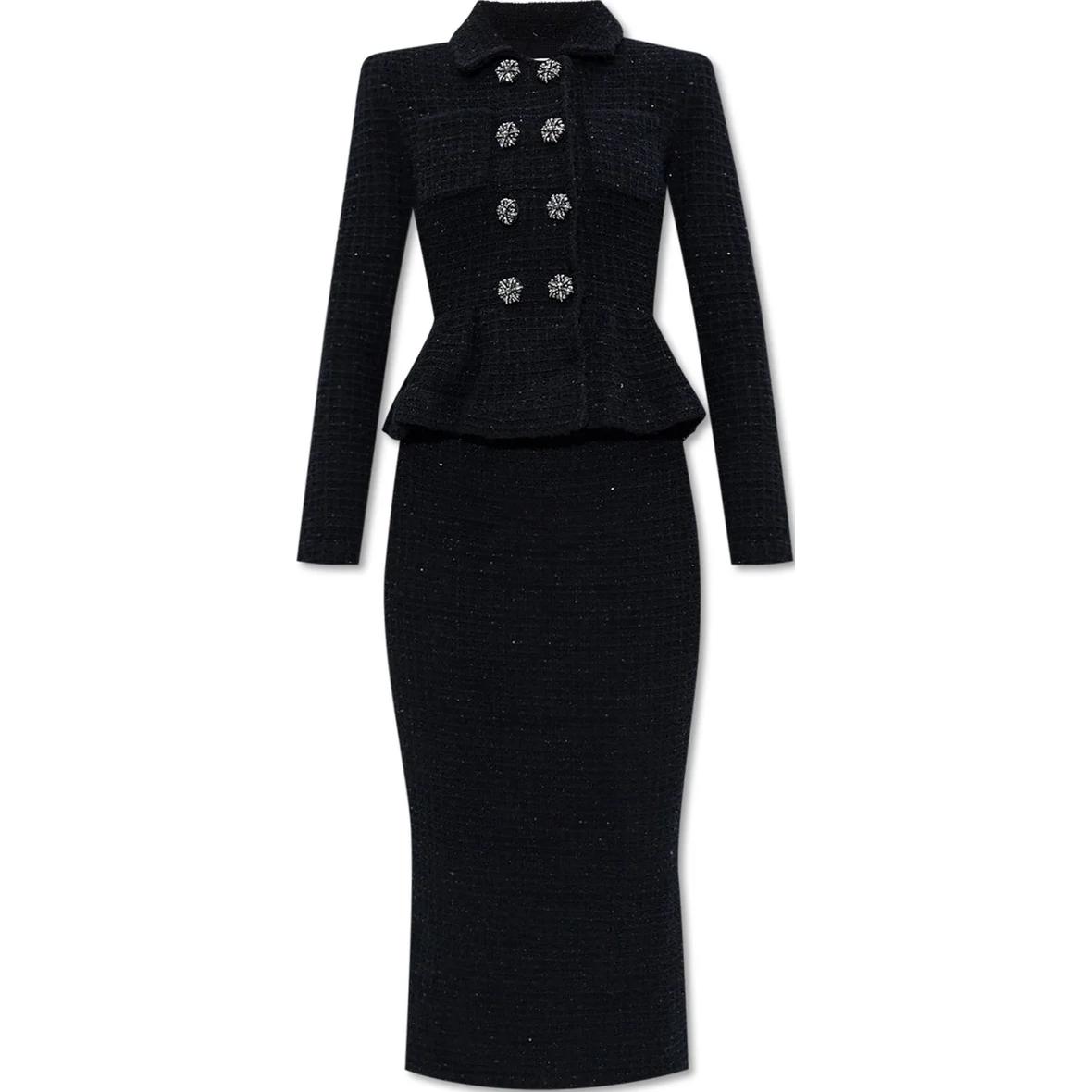 

Текстурированное вязаное платье миди с баской Self-portrait, черный